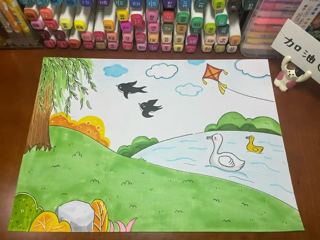 春天主题绘画 儿童画 一个超级简单是春天儿童画 a4白卡纸 马克笔