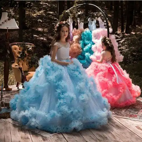 亚马逊热销儿童公主裙花童婚纱晚礼服拖地长裙女童蓬蓬新款演出服