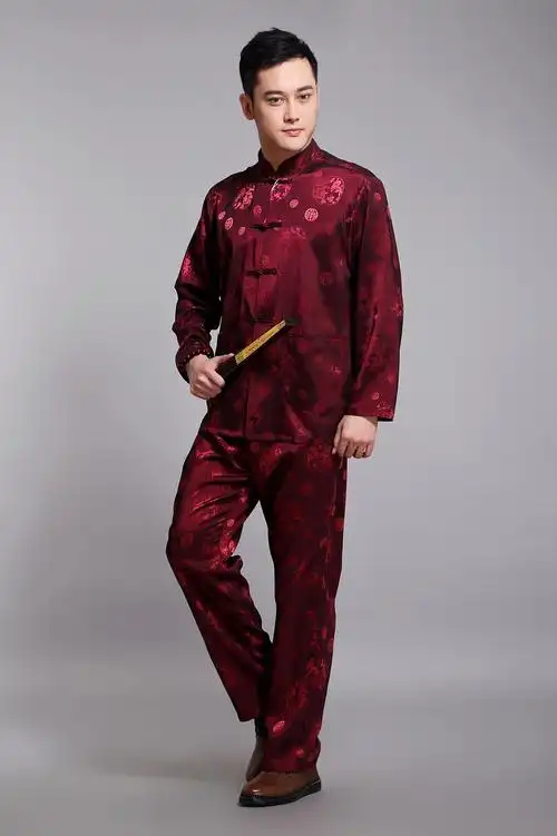 男士夏唐装长袖套装 中式民族风服装男 中国风盘扣唐装男蚕丝长袖