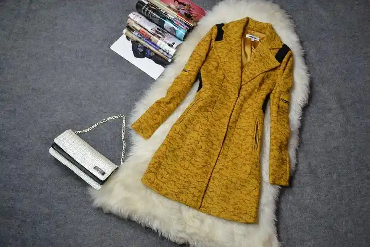 现货 欧美原单秋冬新款虎皮纹pu拼接毛呢大衣中长款外套羊毛大衣