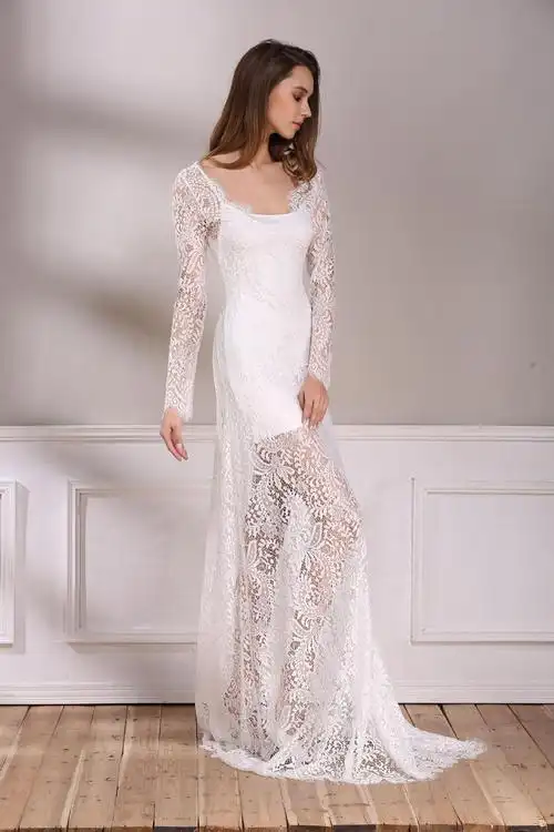 欧美秋冬少女梦幻v领性漏背长袖拖地长裙蕾丝夜店晚礼服长裙8818