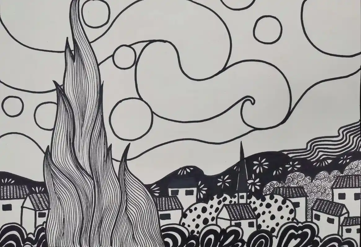 线描梵高《星月夜》 - 抖音