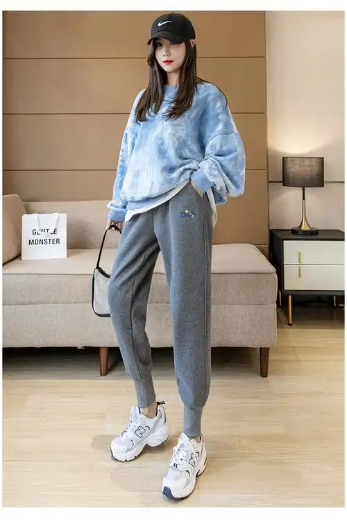 实拍2021春夏彩色刺绣束脚运动裤女 潮流宽松ins风百搭卫裤休闲裤