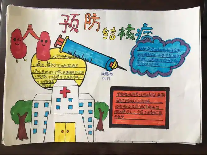 1首先在左上角写出主题"预防肺结核",在主题周围画上肺和爱心,右侧画