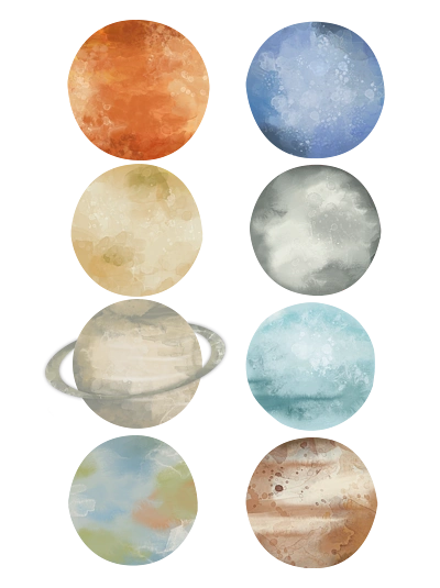 梦幻星球星空宇宙卡通贴纸元素3300蓝色发光炫彩流体星球扁平手绘插画