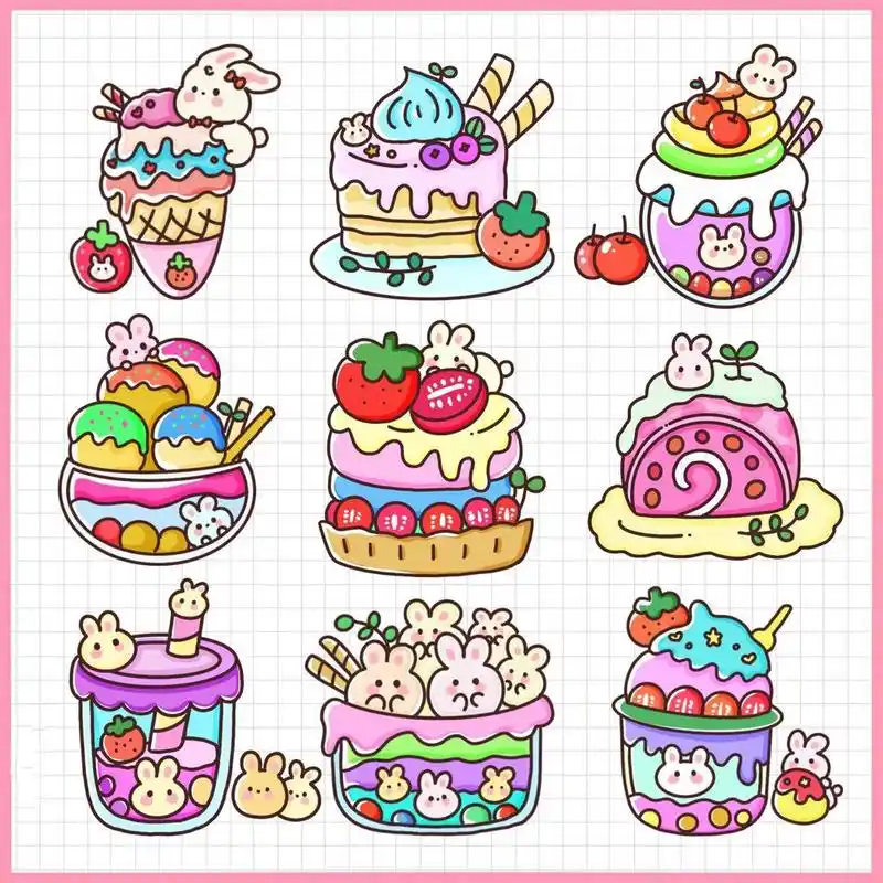 甜点美食简笔画贴纸手帐素材～   甜点美食简笔画贴纸手帐素材