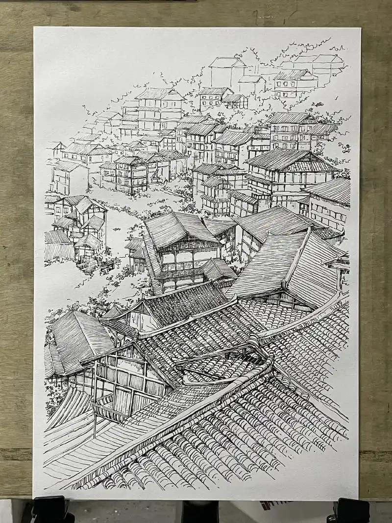 西江千户苗寨钢笔作品###画画 #钢笔画  - 抖音
