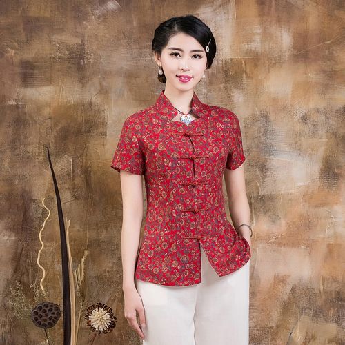新款中老年唐装女短袖夏装上衣妈妈装中式夏季棉麻民族风红色女装