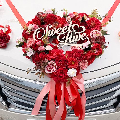 【喜平方】粉色心形环逼真花环结婚车装饰布置花车装饰迎亲车头花