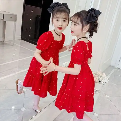 童装2021夏季新款女童中大童雪纺短袖连衣裙儿童网红闺蜜装裙子潮