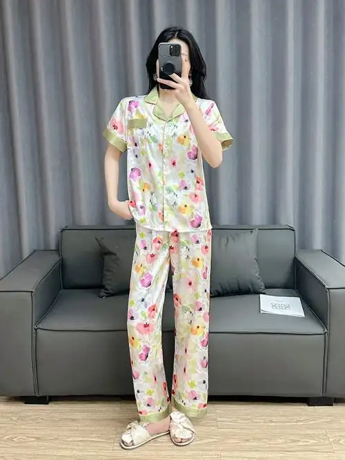 水光绸印花睡衣女夏季短袖长裤冰丝薄套装新款家居服外穿花色高档