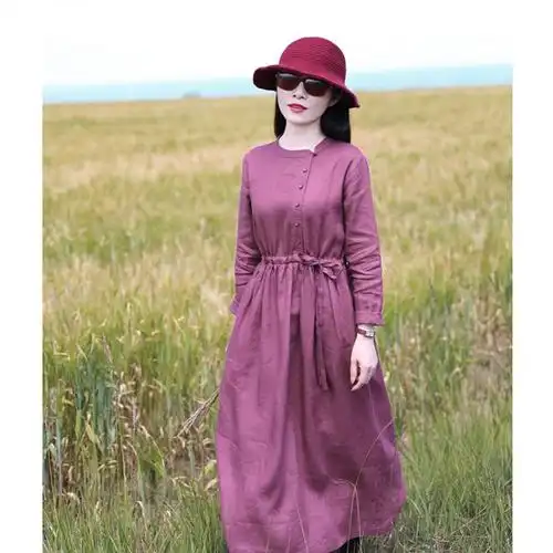 素素原创订制品牌旗舰店女装大码2021秋装亚麻长袖宽松连衣裙