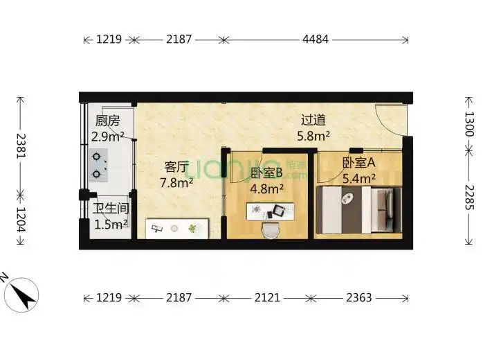 茂业城2室1厅1卫40平米装修案例