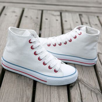人本学生小白球鞋帆布鞋女韩版潮平底单鞋板鞋休闲透气高帮女鞋子米白