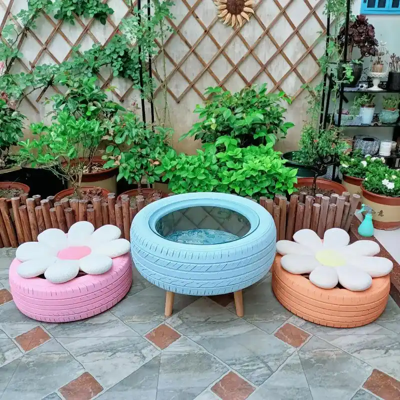 用旧轮胎胎改造的茶几,坐垫,花盆,还是很实用的96很赞吧~ - 抖音