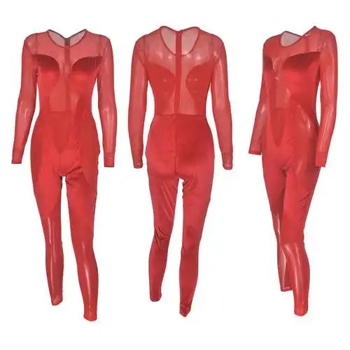 女性性感透视连身衣透明网眼镂空十字紧身连身衣一体式俱乐部连身衣