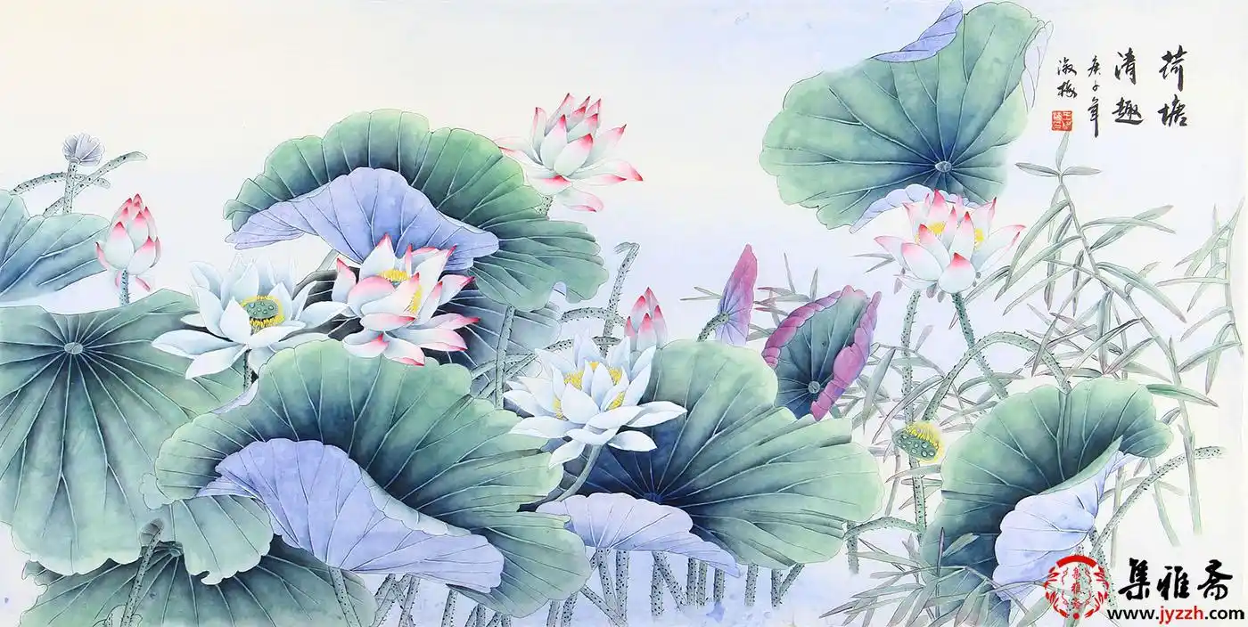 王淑梅四尺横幅国画工笔花鸟画作品荷花荷塘清趣