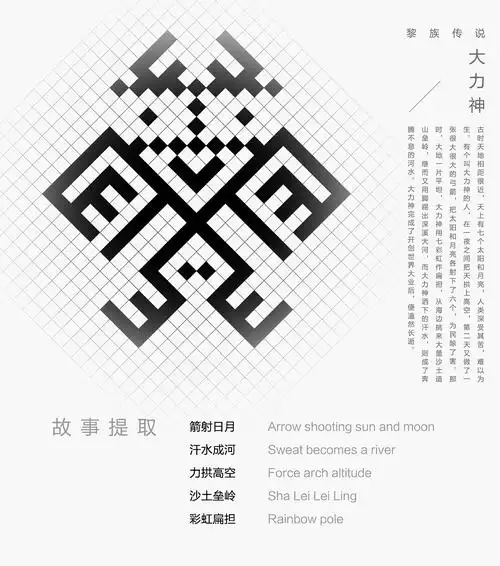 让它看起来像是汉字,实际上写的却是几何造型的黎族纹样,将黎族纹样