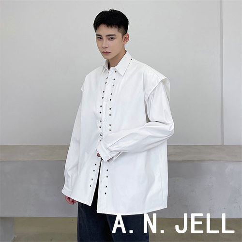 韩国版男装东大门21秋王嘉尔风黑白纯色个性铆钉假两件长袖衬衫衣