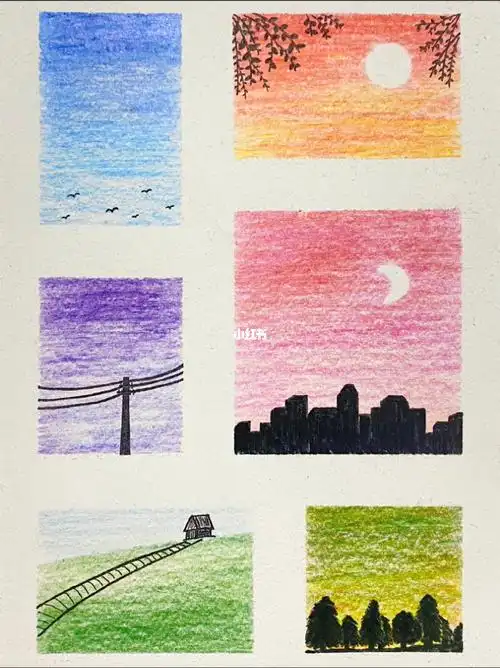 彩铅风景画不规则六宫格视频教程附步骤