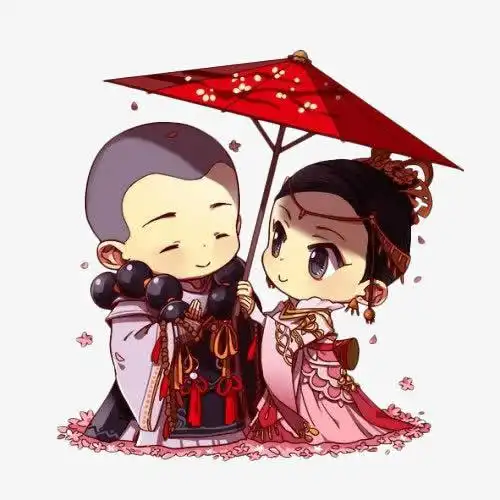 手绘小和尚和小美女