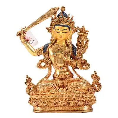 佛缘汇文殊菩萨佛像尼泊尔手工7寸纯铜鎏金智慧观音菩萨密宗摆件