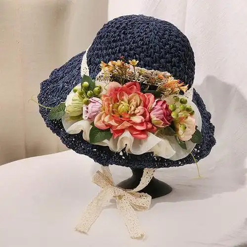 手工编织蕾丝帽子女韩版百搭田园花朵草帽女夏季小清新沙滩帽