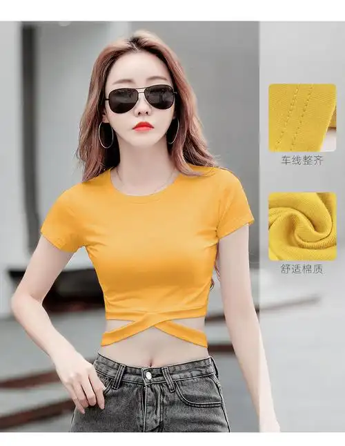 表兮品牌短款心机体恤女夏短袖露脐装修身小众t恤打底衫漏肚脐上衣女