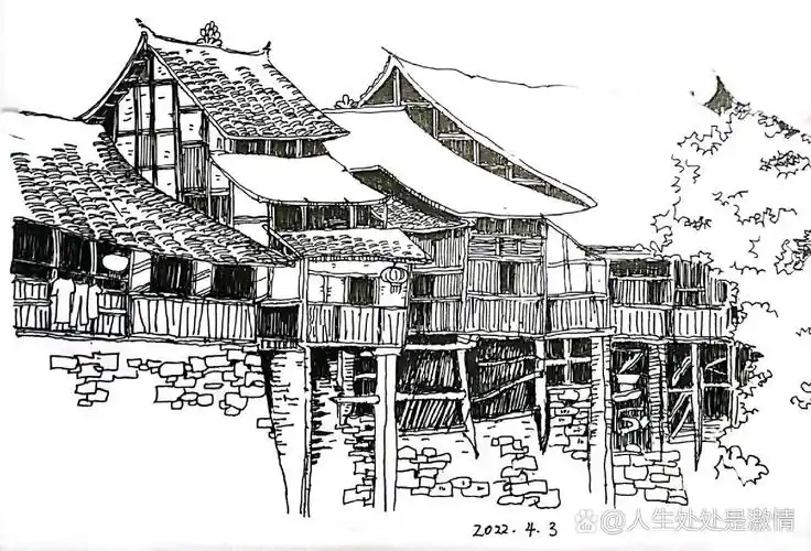 钢笔画《苗寨吊脚楼》