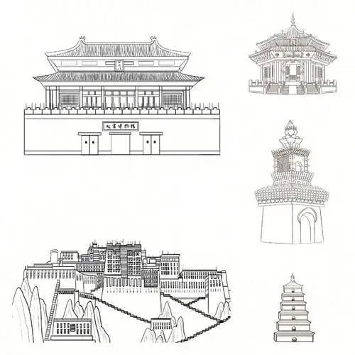 简笔单色手绘插画外媒评选的中国10大是著名建筑:1.