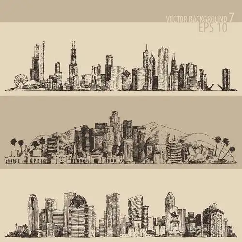 芝加哥, 洛杉矶, 休斯顿大城市建筑,复古刻插画, 手绘, 素描