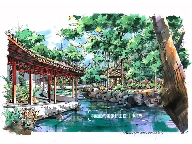 拙政园马克笔手绘系列1风景园林手绘教程