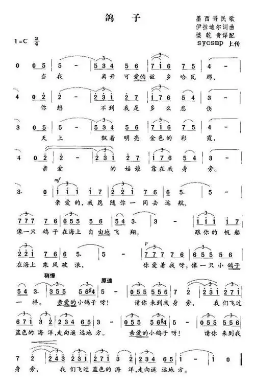 【鸽子简谱】[墨西哥] 鸽子简谱