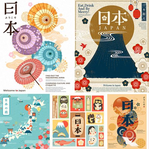 手绘卡通日本传统文化元素旅游宣传海报插图ai矢量设计素材911003