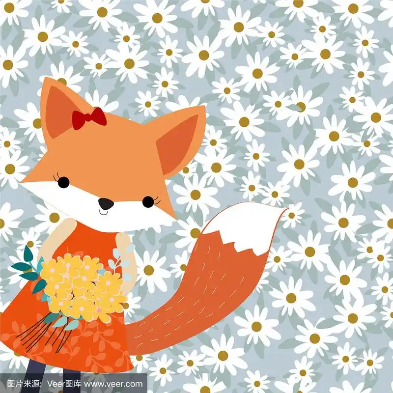 可爱的卡通小狐狸白色的春天花园