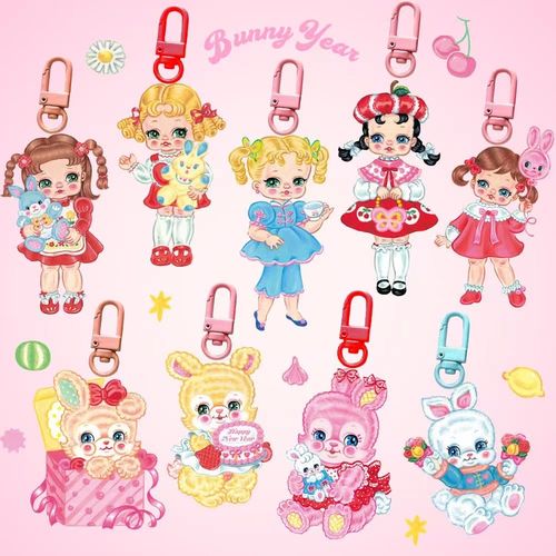 絮小饼onlytwo原创兔兔可爱年昭和甜美复古兔子女孩亚克力钥匙扣