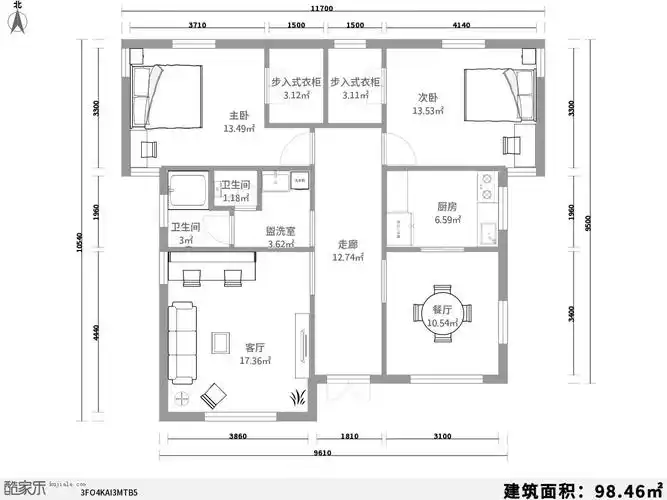 求农村100平米两房一厅一厨一卫平面图,三房也行