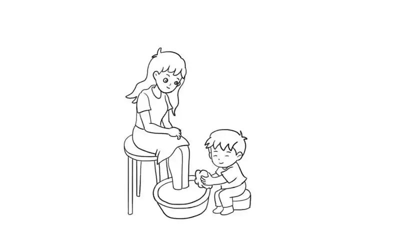 首先在中间画出孩子给母亲洗脚.