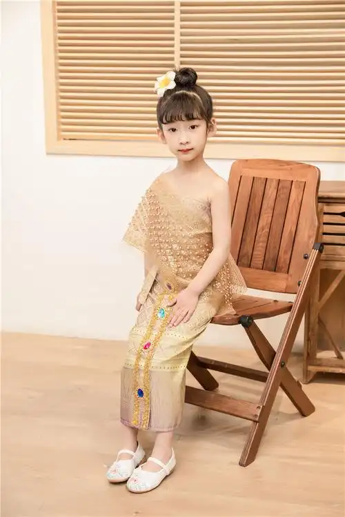 央紫傣族儿童服装傣族儿童套装泰式风格云南西双版纳傣族女童摄影服饰