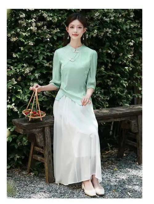 睿娅美中国风女装日常改良汉服女中式唐装上衣两民族风套装茶艺茶服