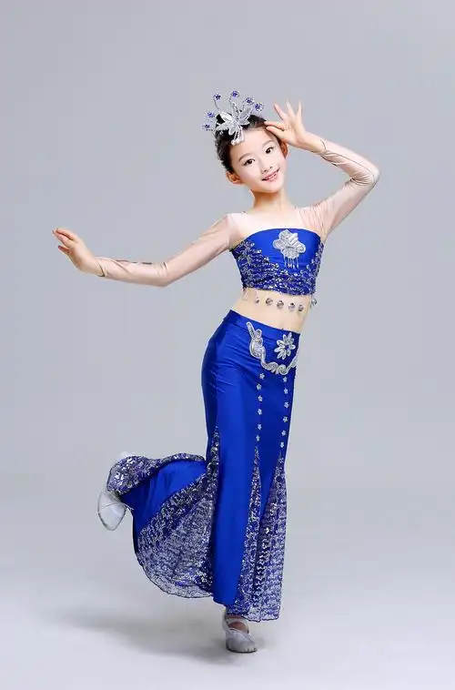 定制 新款儿童傣族舞蹈服孔雀舞演出服装女童少儿鱼尾裙彩云之南舞蹈