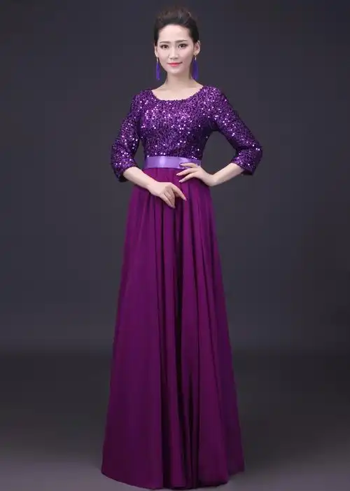 大合唱演出服装礼服女中老年团体指挥服紫色l