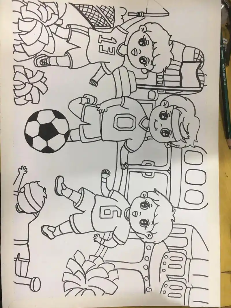 校园一角,体育运动7115主题画 儿童画:校园一角,体育活动线描画