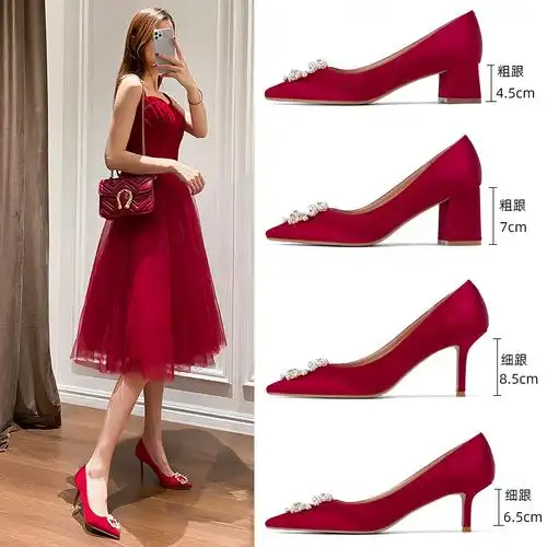 鞋女2021年新款新娘鞋红色高跟鞋女尖头珍珠水钻细跟单鞋秀禾鞋优惠券