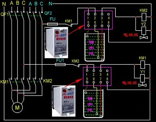 一个三相水泵怎样实现用电分开双水位控制跪求电路图 说明