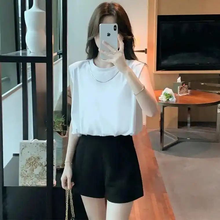 无袖背心t恤女2023夏季新款宽松显瘦高级感休闲白色短款坎肩 - 抖音