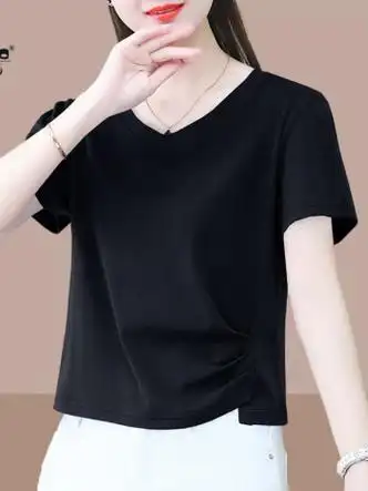 啄木鸟不规则纯棉短袖t恤女士2024夏新款衣服显瘦小个子短款t恤v领