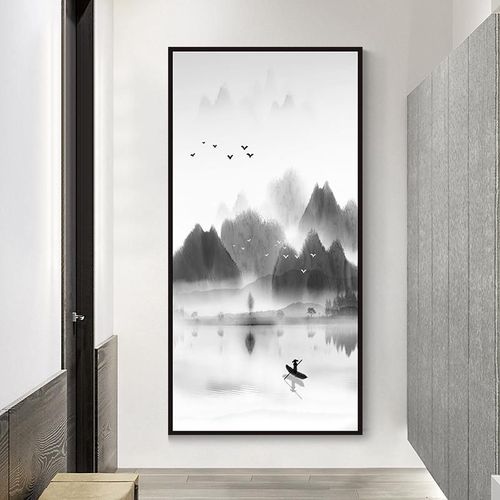 现代简约国画玄关装饰画竖版新中式水墨山水画走廊过道喷绘壁画