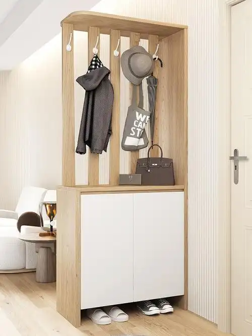 木月玄关柜隔断柜大小户型客厅装饰柜挂衣架一体奶油风原木色鞋柜