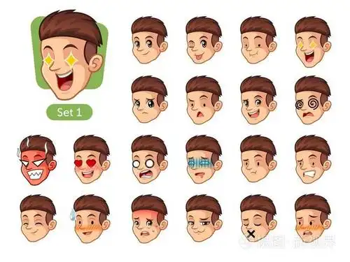 第一套男性面部情绪卡通人物设计,红色头发和不同的表情,在爱情中高兴